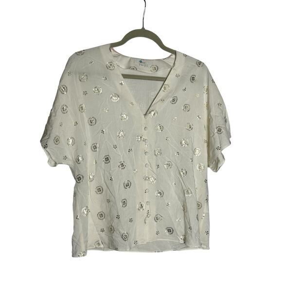 Boden Lightweight Cream & Gold Floral Dotted V Neck Blouse Shirt Top Size 10 - Picture 1 of 5